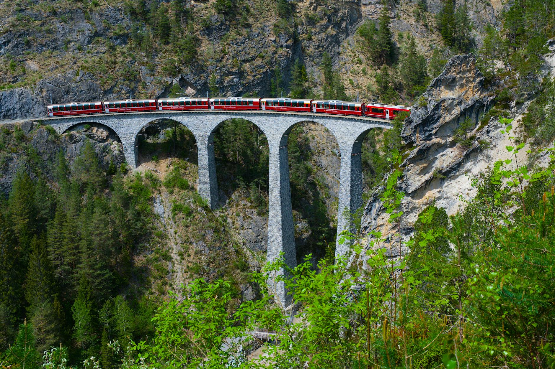 scenic swiss train on landwasser viaduct
